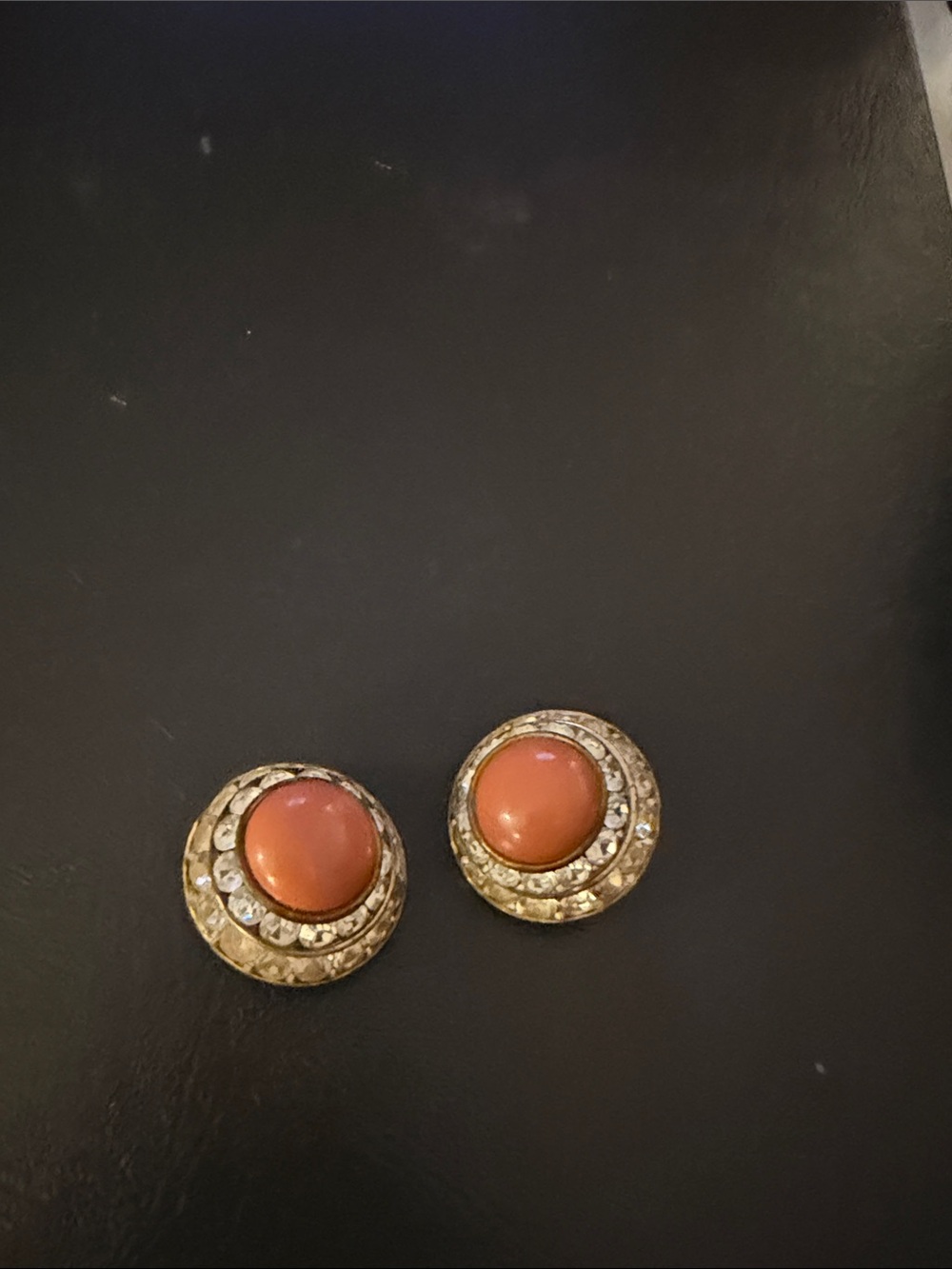 Gold-Tone Coral Cabochon Clip Earrings with Crystal Accents
